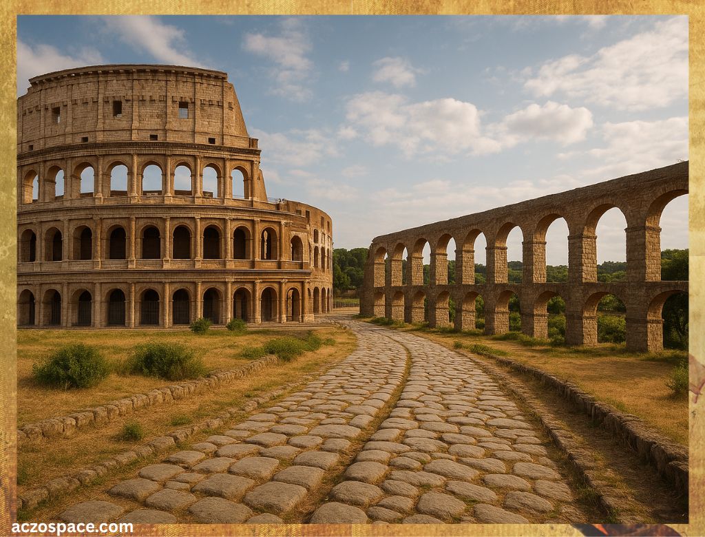 Ancient Roman Colosseum, aqueducts, and stone roads in Pax Romana era