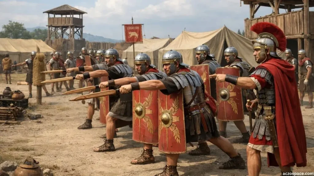 Roman soldiers undergoing disciplined military training