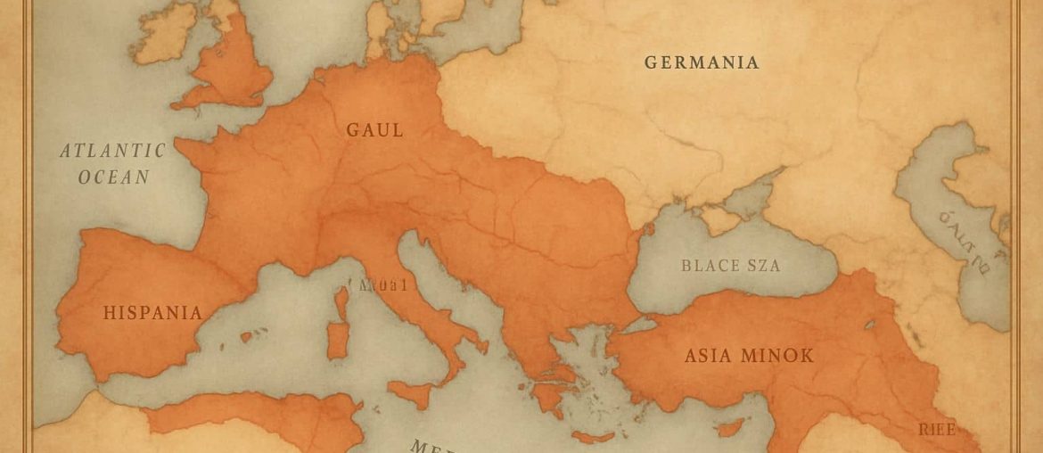 Realistic illustration of the Roman Empire on an ancient map with clean colors and soft lighting