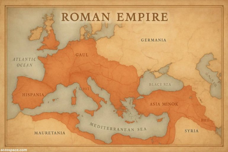 Realistic illustration of the Roman Empire on an ancient map with clean colors and soft lighting