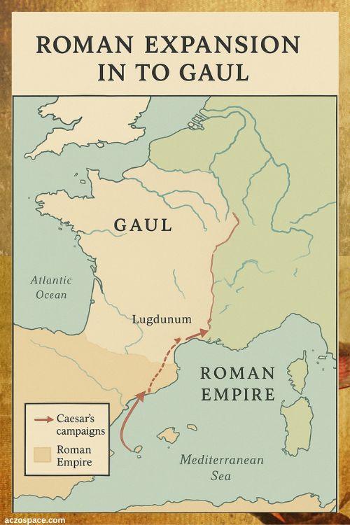Illustrated map showing Roman expansion into Gaul during Caesar’s campaigns