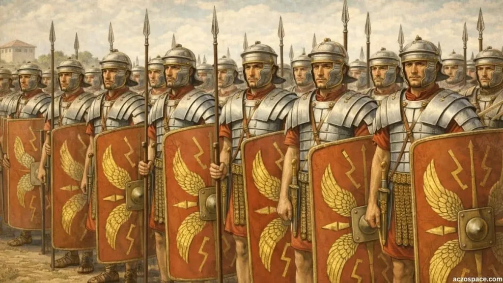 Roman legion soldiers organized in a disciplined military formation