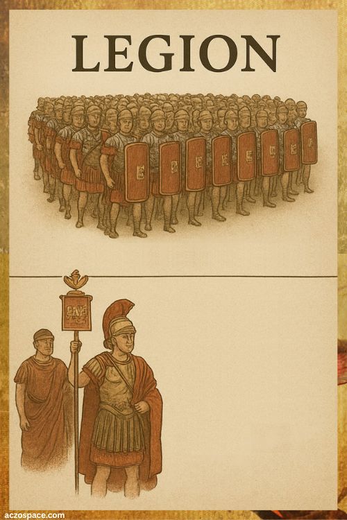 Roman legion soldiers standing in organized formation with shields and centurion