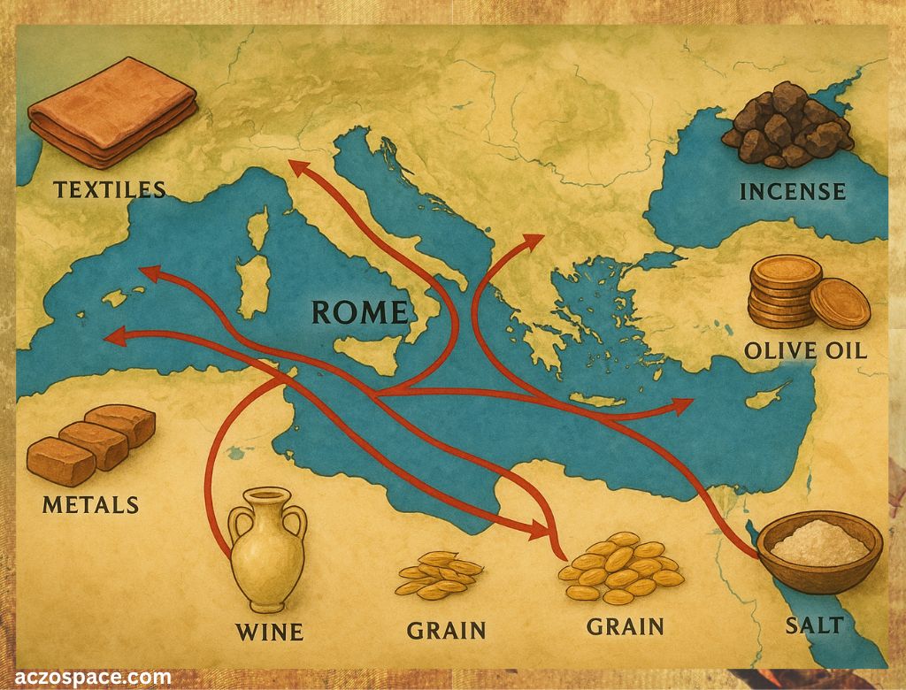 Map showing Roman Mediterranean trade routes connecting Europe, Asia, and Africa