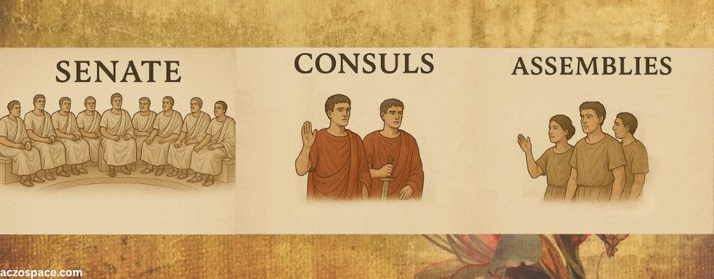 Illustration showing the Roman Republic’s Senate, Consuls, and Assemblies with senators seated, consuls standing, and citizens participating