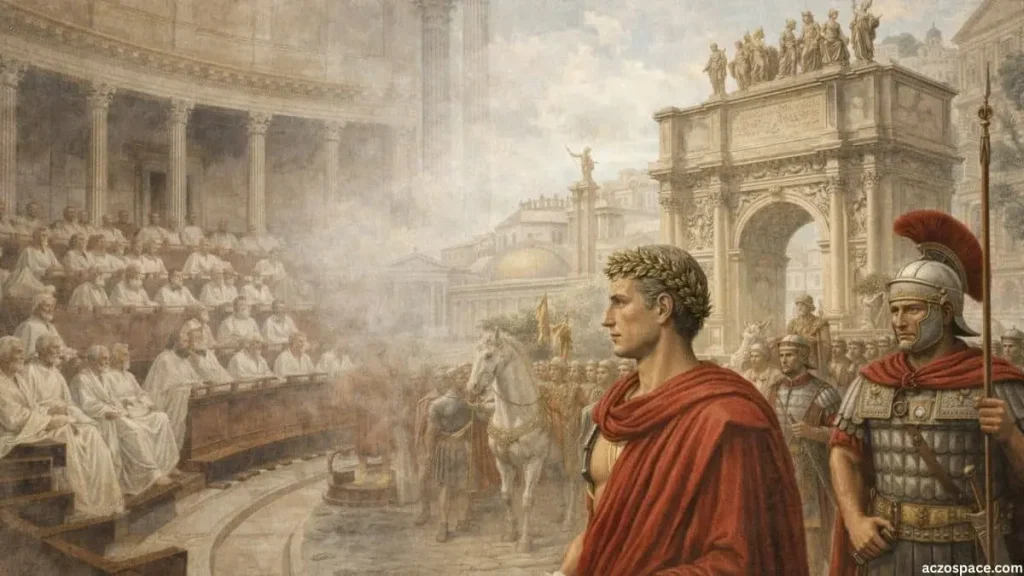 Illustration showing the transition from the Roman Republic to the Roman Empire