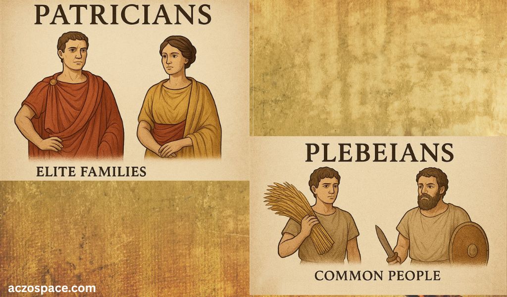 Ancient Roman social classes showing Patricians as elite families and Plebeians as common workers in an educational illustration