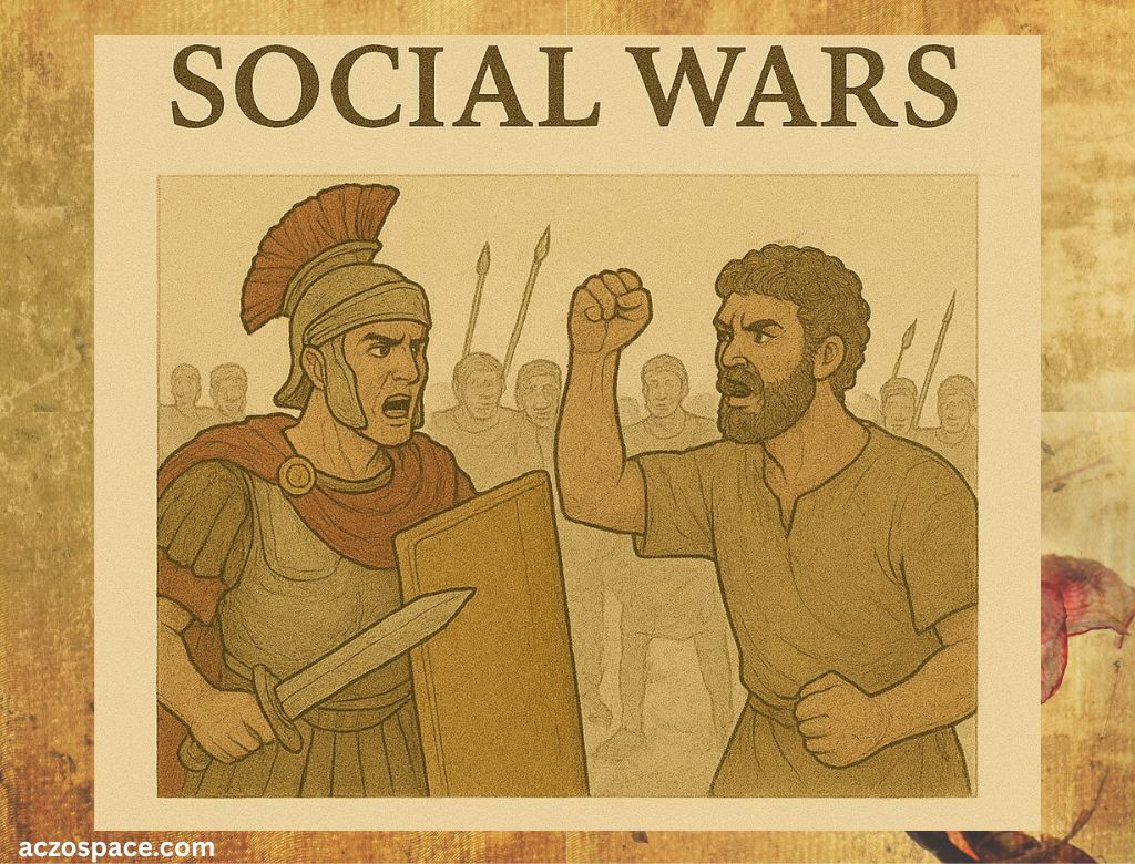 Ancient-style illustration of the Roman Social Wars between Roman soldiers and Italian rebels