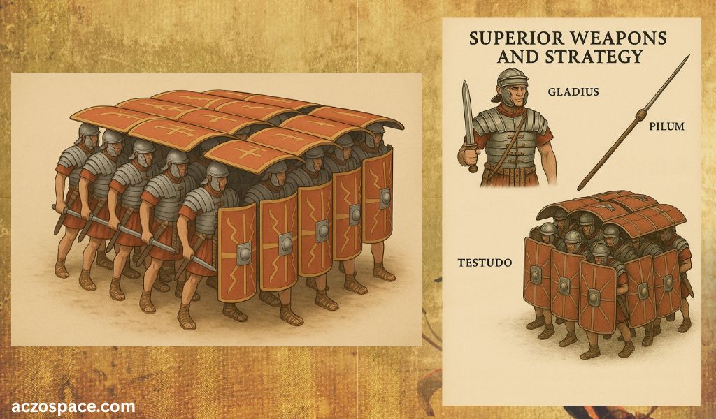 Roman gladius, pilum, and testudo formation illustrated