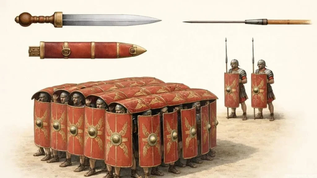 Roman military weapons and defensive formations used in battle