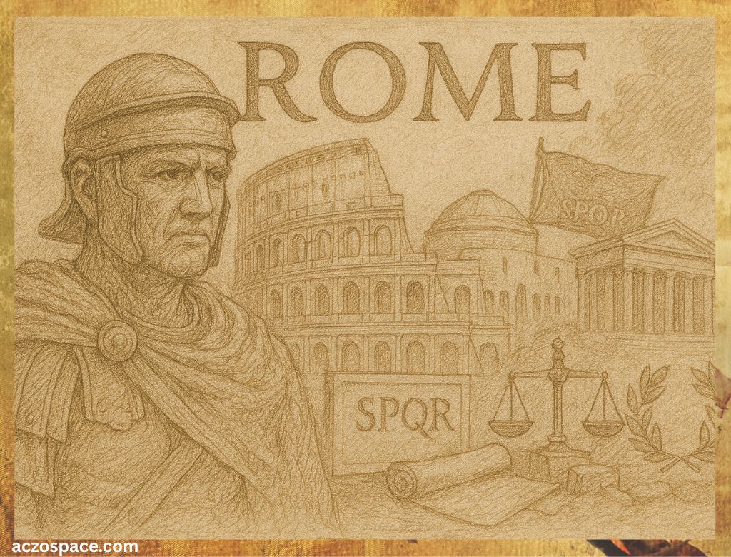 Ancient Rome legacy illustration with soldier and iconic monuments
