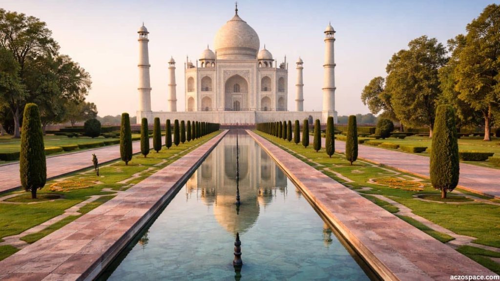 Charbagh garden of the Taj Mahal with symmetrical pathways and reflecting pools