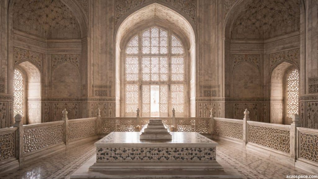 Interior marble craftsmanship and pietra dura inlay work inside the Taj Mahal