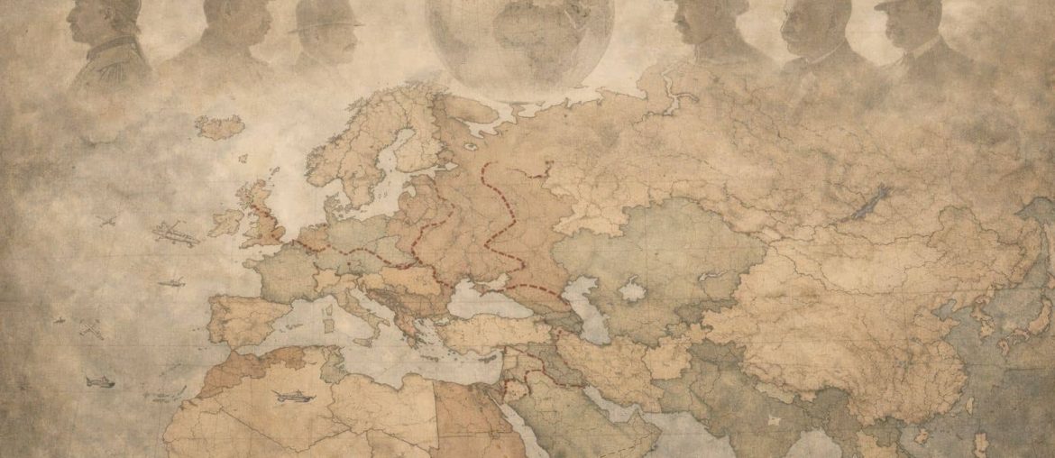 Historical illustration representing World War I (1914–1918) using a vintage-style world map