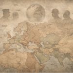 Historical illustration representing World War I (1914–1918) using a vintage-style world map