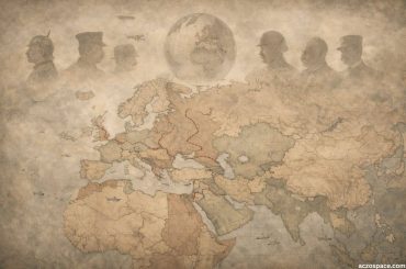 Historical illustration representing World War I (1914–1918) using a vintage-style world map