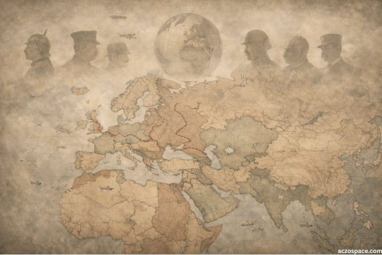 Historical illustration representing World War I (1914–1918) using a vintage-style world map