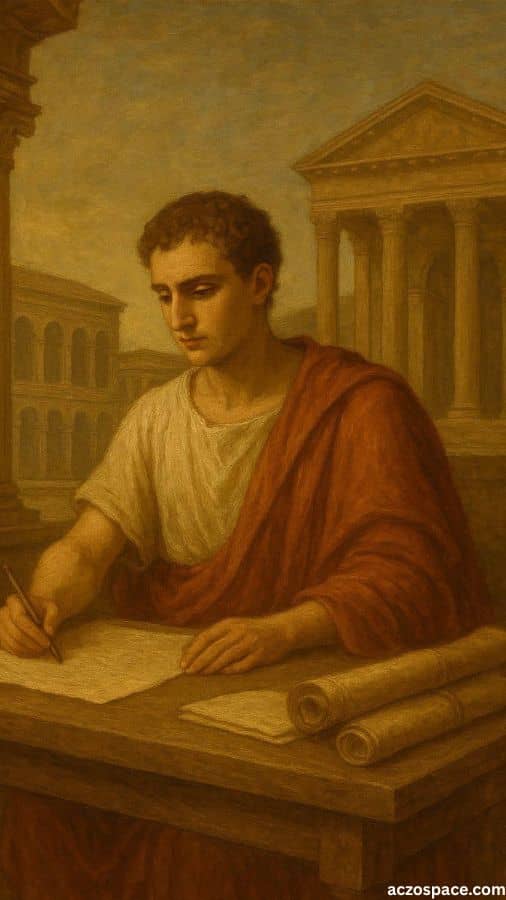 AI-generated illustration showing young Julius Caesar learning politics, not a real image