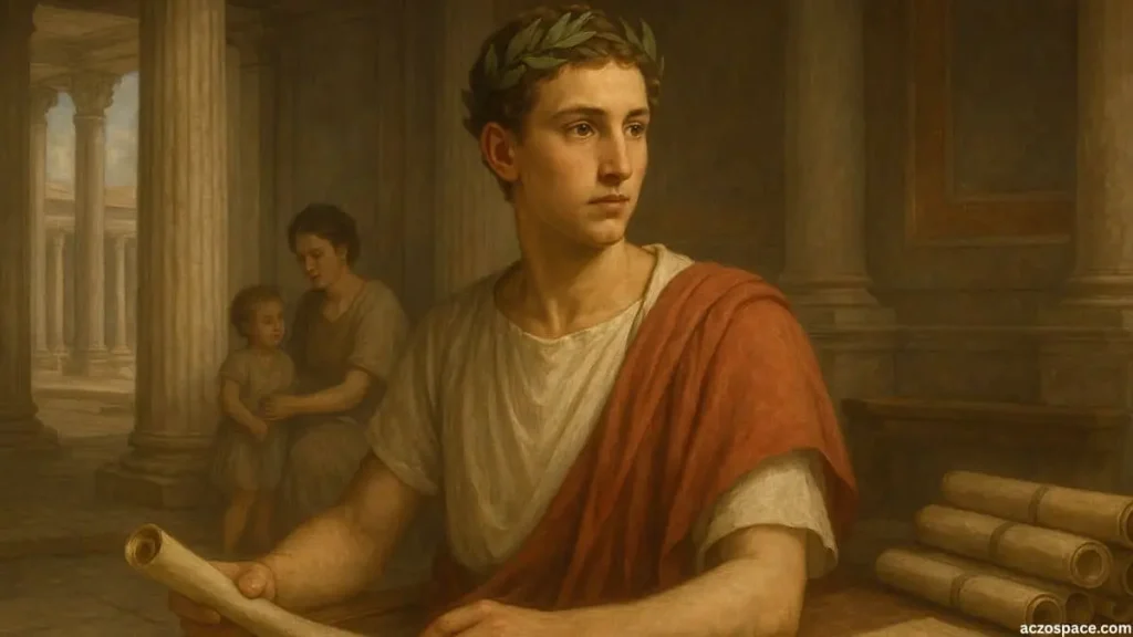 Showing young Julius Caesar in a Roman patrician family environment, ancient Rome setting