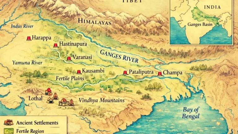 Ganges River civilization map showing fertile plains and early settlements