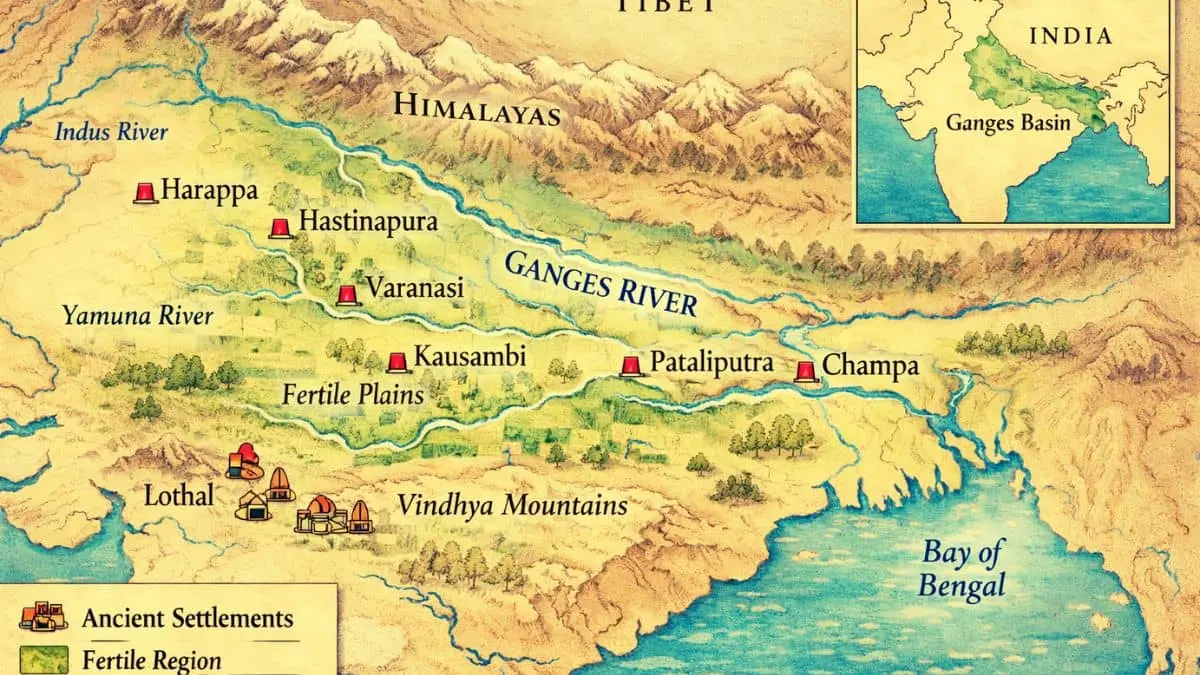 Ganges River civilization map showing fertile plains and early settlements