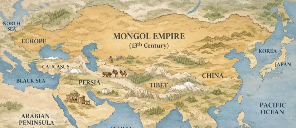 Mongol Empire expansion across Asia and Europe shown on a historical map