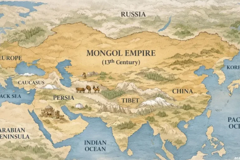 Mongol Empire expansion across Asia and Europe shown on a historical map