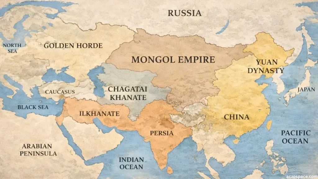 Mongol Empire territories across Asia, the Middle East, and Europe