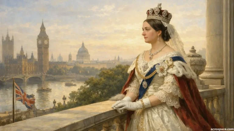 Queen Victoria portrait illustration at Buckingham Palace during the Victorian era