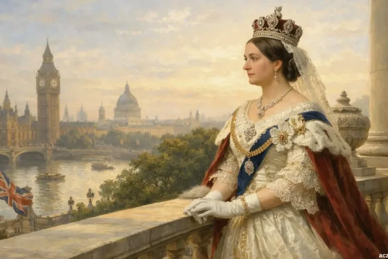 Queen Victoria portrait illustration at Buckingham Palace during the Victorian era