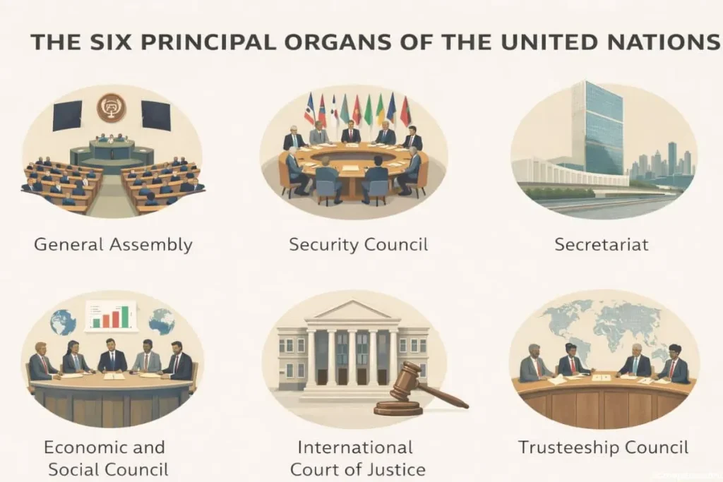 Structure of the United Nations and its six principal organs