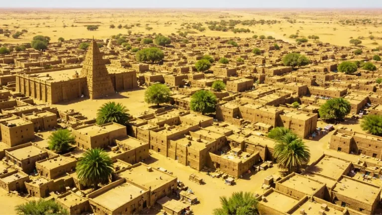 Timbuktu City of Knowledge aerial view showing historic desert city in Mali
