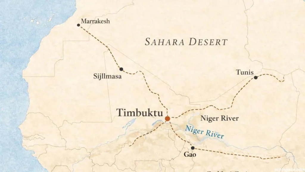 Map showing Timbuktu’s location in Mali near the Niger River and Sahara Desert