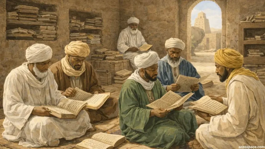 Scholars in medieval Timbuktu studying ancient manuscripts and educational texts