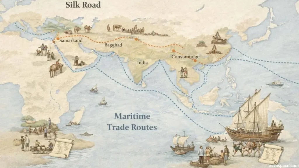 Ancient trade routes that supported imperial economies and expansion