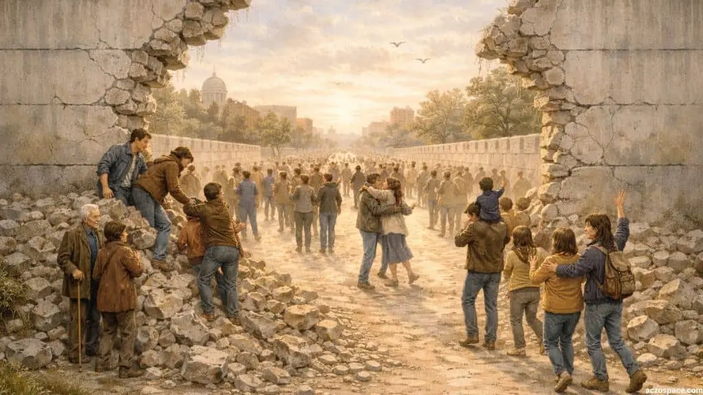 Symbolic illustration of the fall of the Berlin Wall and the end of the Cold War