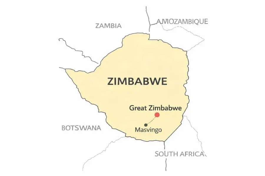 Map showing the location of Great Zimbabwe Ruins in southeastern Zimbabwe