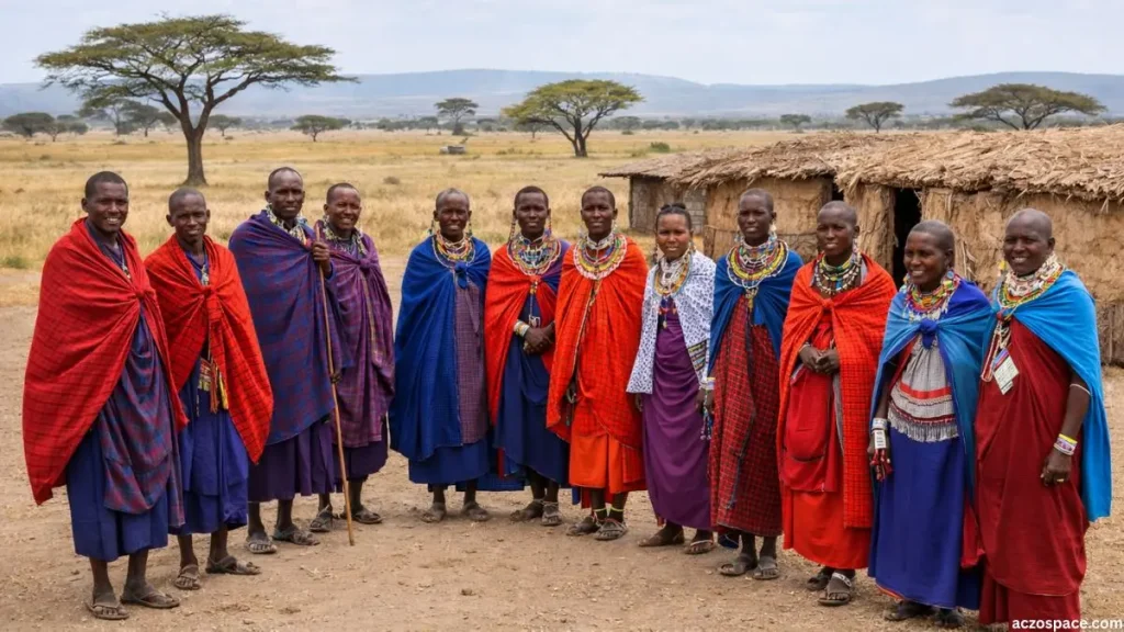 Maasai people in traditional clothing near manyatta village in Serengeti