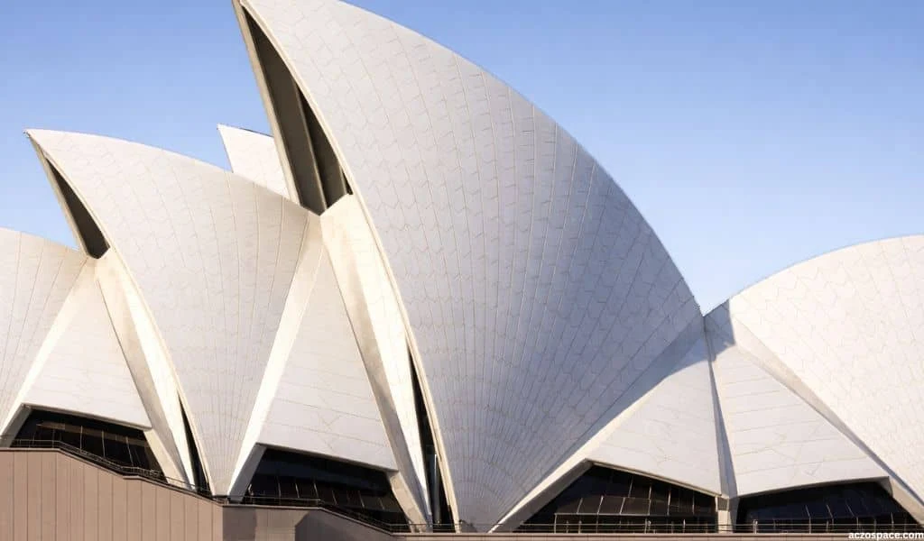 Close-up view of the Sydney Opera House shell-inspired roof design