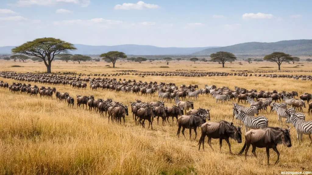 Wildebeest and zebras migrating across Serengeti plains