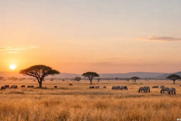 Serengeti National Park golden savanna landscape at sunrise in Tanzania