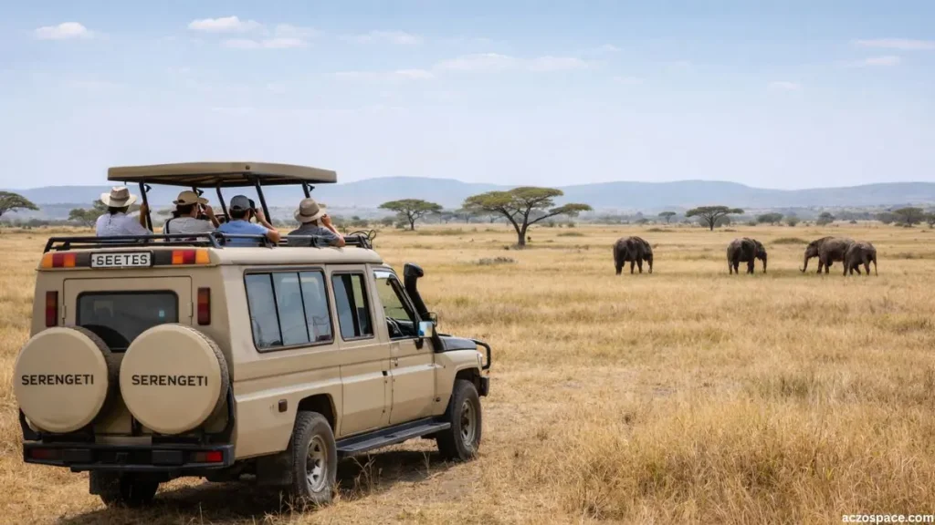 Tourists on safari jeep in Serengeti National Park Tanzania