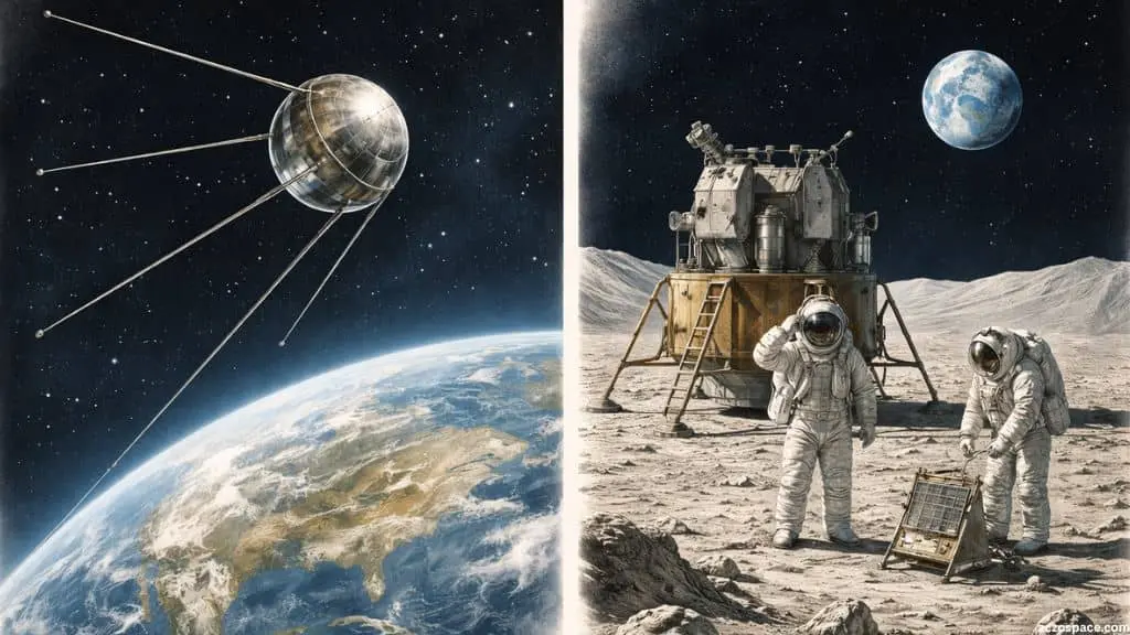 Satellite and Moon landing representing the Space Race during the Cold War