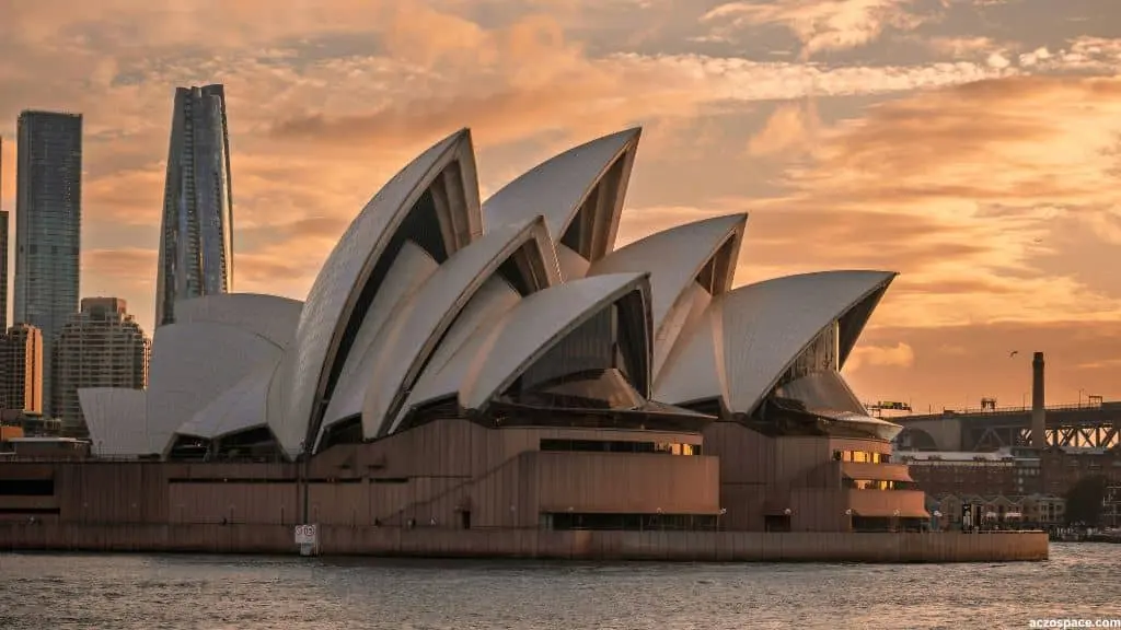 Sydney Opera House viewed at sunset as a UNESCO World Heritage landmark