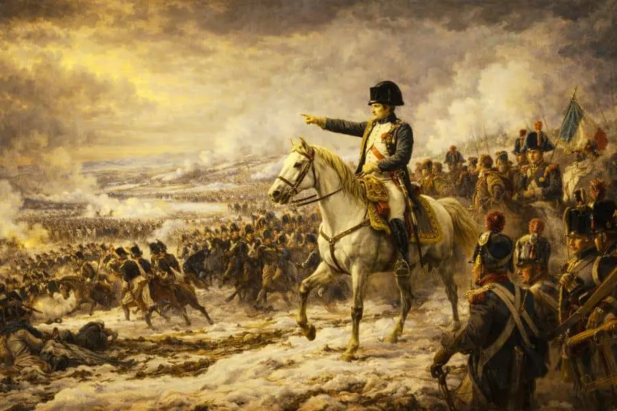 Napoleon Bonaparte leading the French army at the Battle of Austerlitz